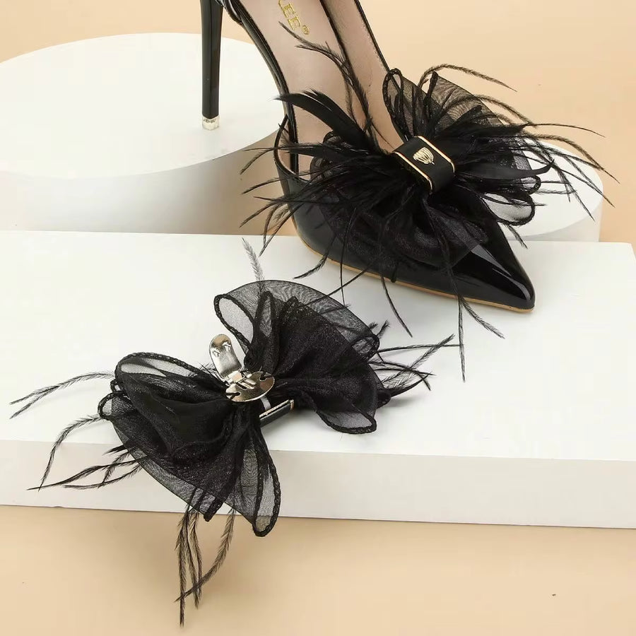 2pcs Feather, Mesh & Bowknot Design Shoe Clips, Removable Wedding Party High Heels Decoration Accessories, Elegant Bow Shoes Accessories For Spring Summer Gift Ideas