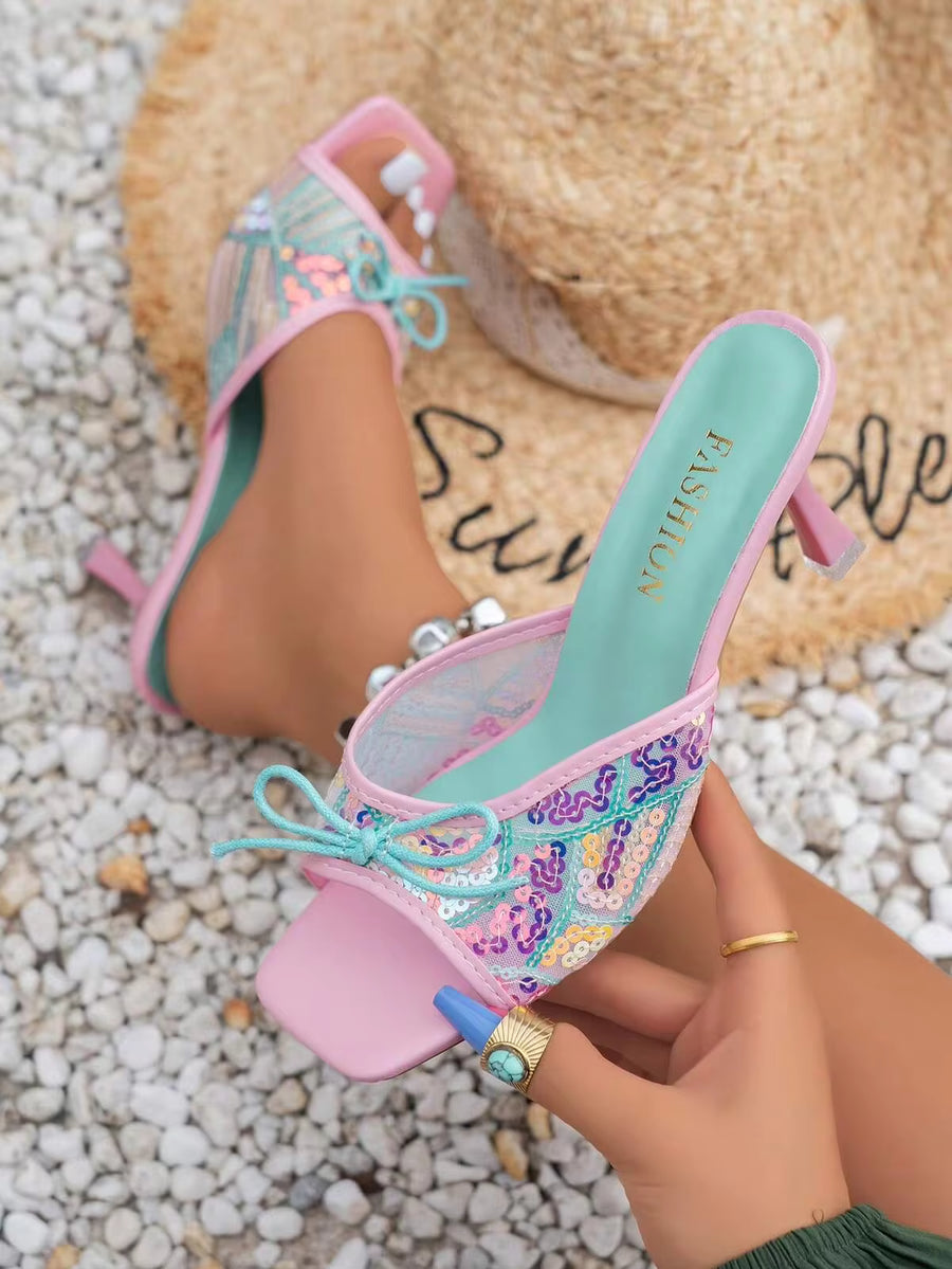 Summer Beach Vacation Style Pink & Blue Colorblock Mesh Sequin Bow Square Toe Open Toe Stiletto Heel Sandals, Fresh Youthful High Heel Slippers For Beach Trips, Sand Photography, Casual Shopping Outfits