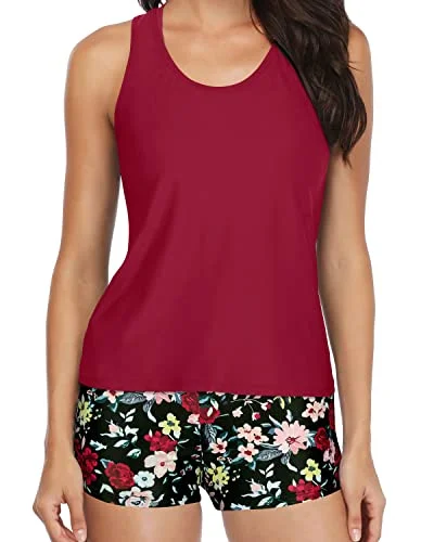 Tummy Control Tankini Boy Shorts For Teens-Red Flowers