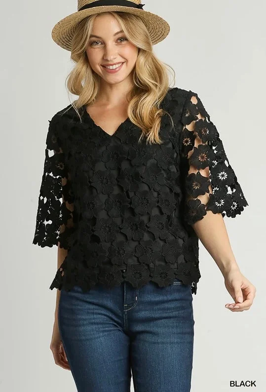 YEAR-End Clearance Scalloped Floral Lace V-Neck Top