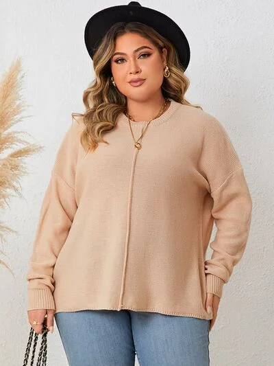 Super Bargain Plus Size Round Neck Drop Shoulder Long Sleeve Sweater