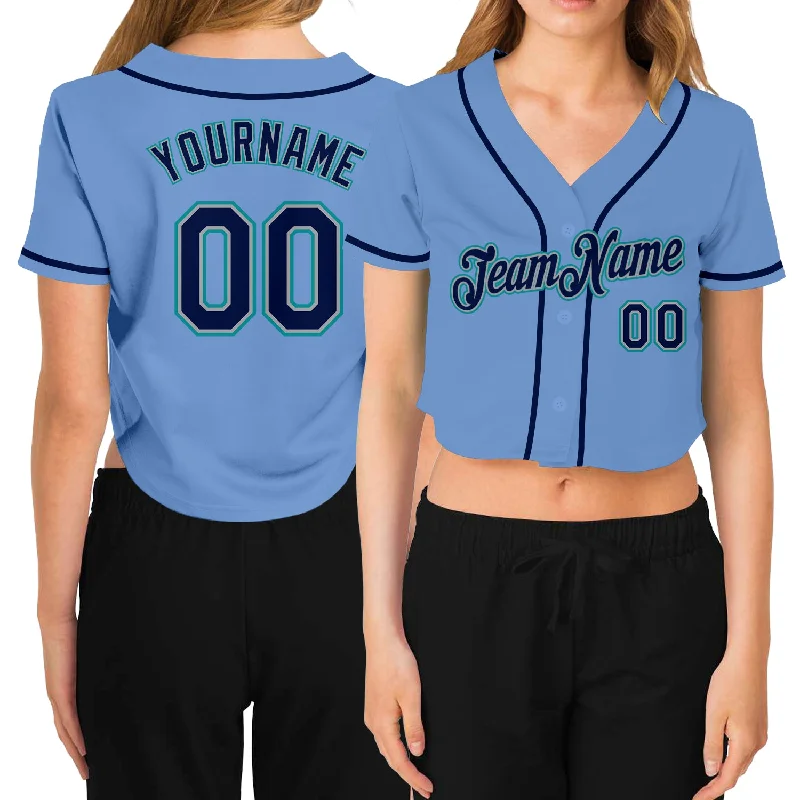 Final Markdown Custom Women's Light Blue Navy Gray-Aqua V-Neck Cropped Baseball Jersey