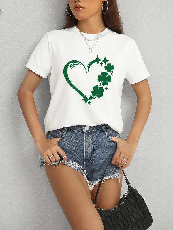 Half Price Heart Lucky Clover Round Neck Short Sleeve T-Shirt