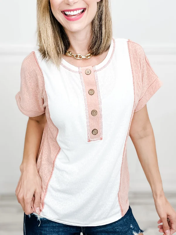 Price Reduction Leopard Textured Knit Henley Cuffed Short Sleeve Top