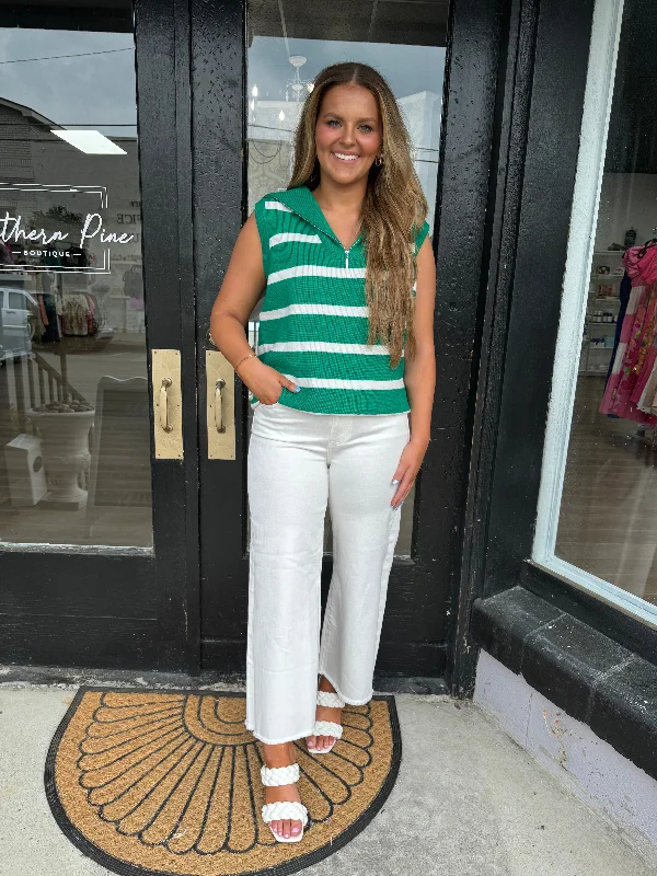 Green striped collared sleeveless top