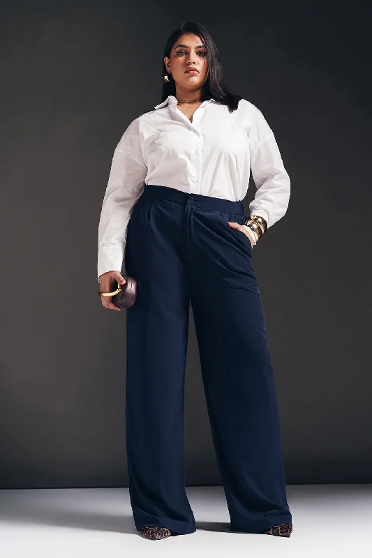 One-Day Only Regal Navy Curve Pleated Straight Fit Korean Pants