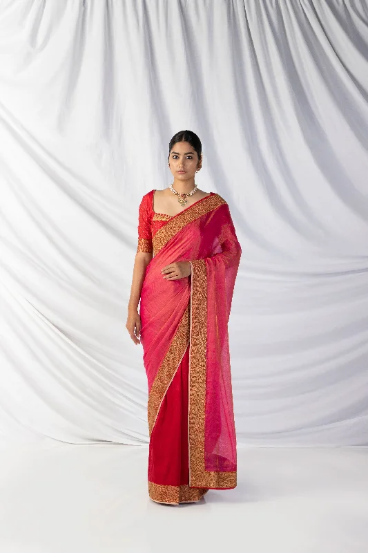 Huge Savings Balli Saree And Blouse Set In Rose Red