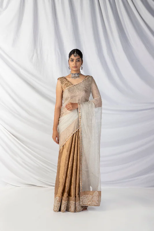 Final Clearance Shwetambari Saree And Blouse Set In Concrete Silver And Latte Gold