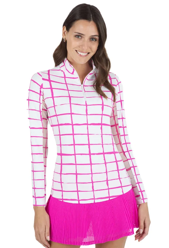 Blowout Deals IBKUL Womens Cordova Print Long Sleeve Mock Neck Top - White/Hot Pink