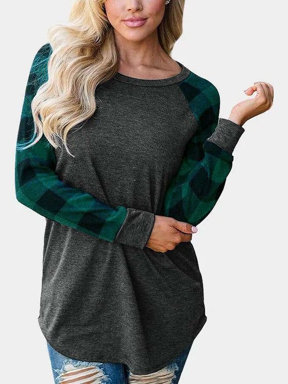 Quick Sale Wholesale Round Neck Grid Long Sleeve Curved Hem Green T-Shirts