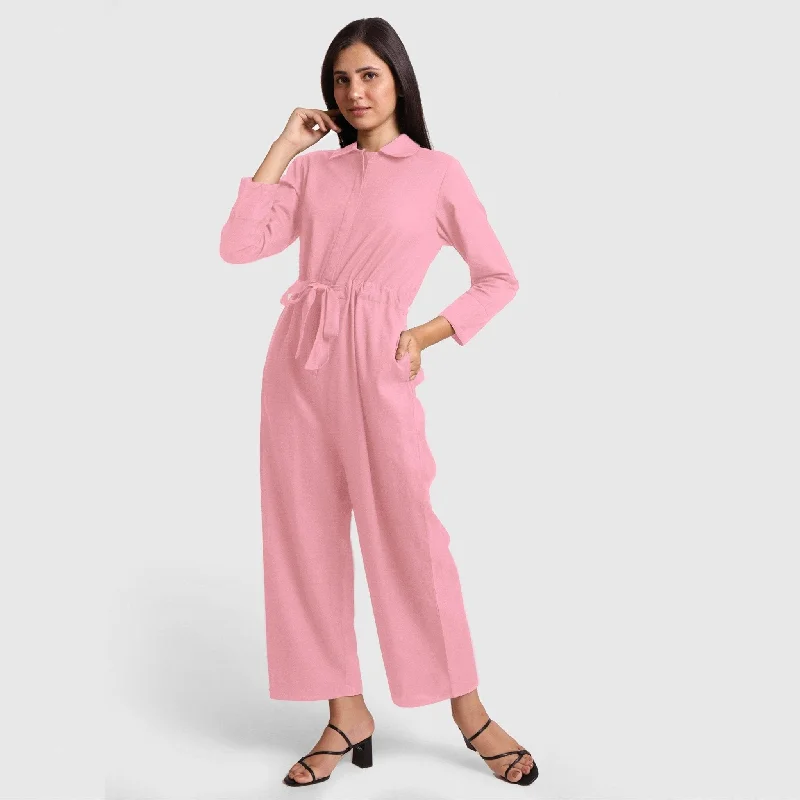 Pink Cotton Ankle Length Wide Legged Overall