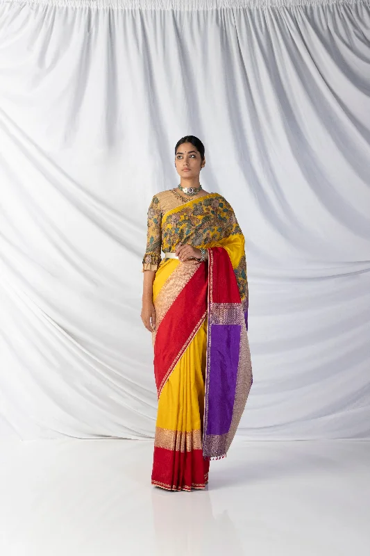 Daily Special Cyber Yellow, Crimson Red and Indigo Anchu Saree and Blouse