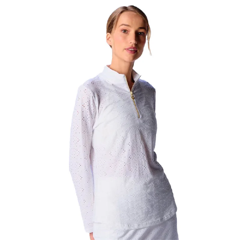 TIME-Limited Offer G Lifestyle Long Sleeve Print Zip Mock Neck Top - White Eyelet