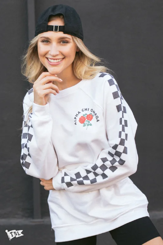 Year-End Clearance Alpha Chi Omega Checkered Raglan Crewneck
