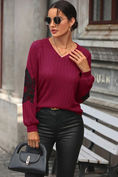 Special Discount Ribbed Lace Detail V-Neck Sweater