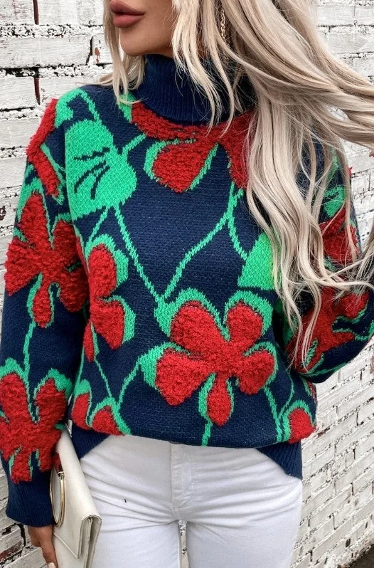 Season Finale Sale Floral knit turtleneck sweater
