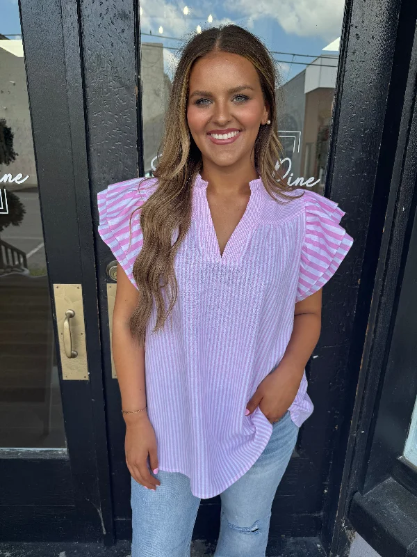 Pink striped ruffle sleeve top