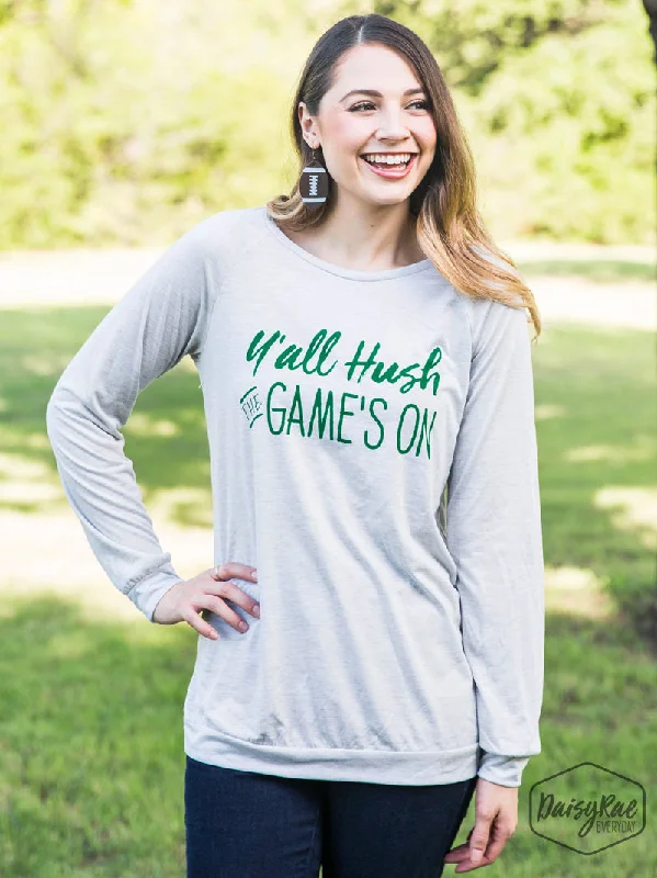 Weekend Deals That Amaze Y'all Hush The Game's On Light Grey Longsleeve Tee, Green Ink Weekend Deals That Amaze Y'all Hush The Game's On Light Grey Longsleeve Tee, Green Ink