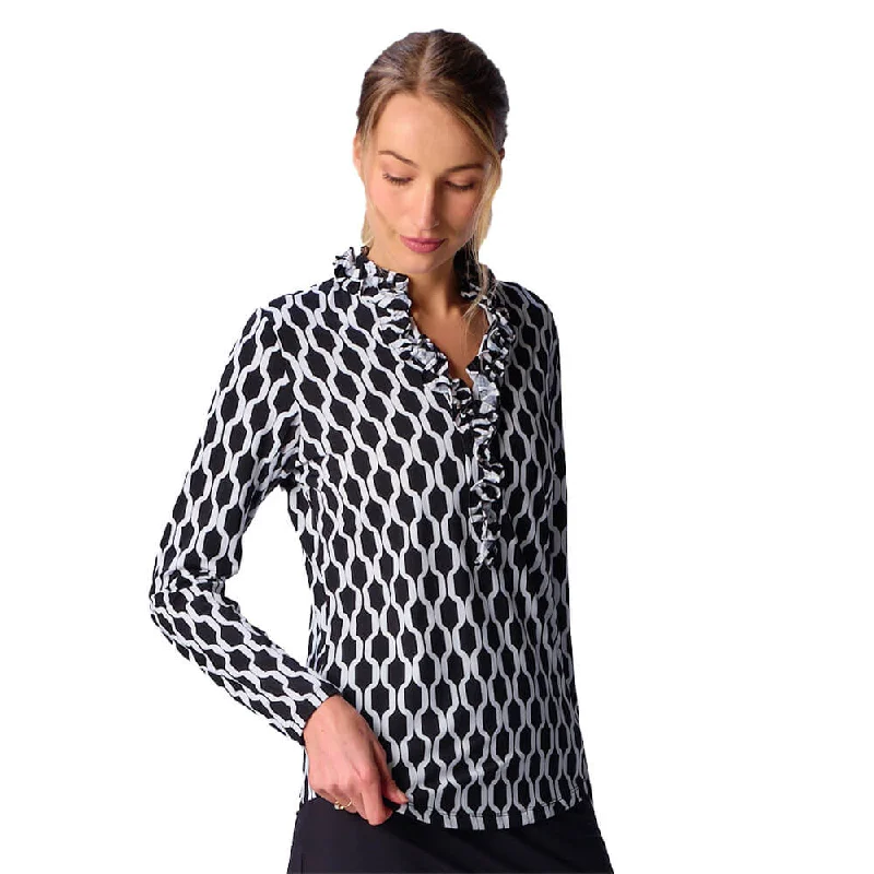 Shop and Save G Lifestyle Long Sleeve Print Double Ruffle Top - Black Geo