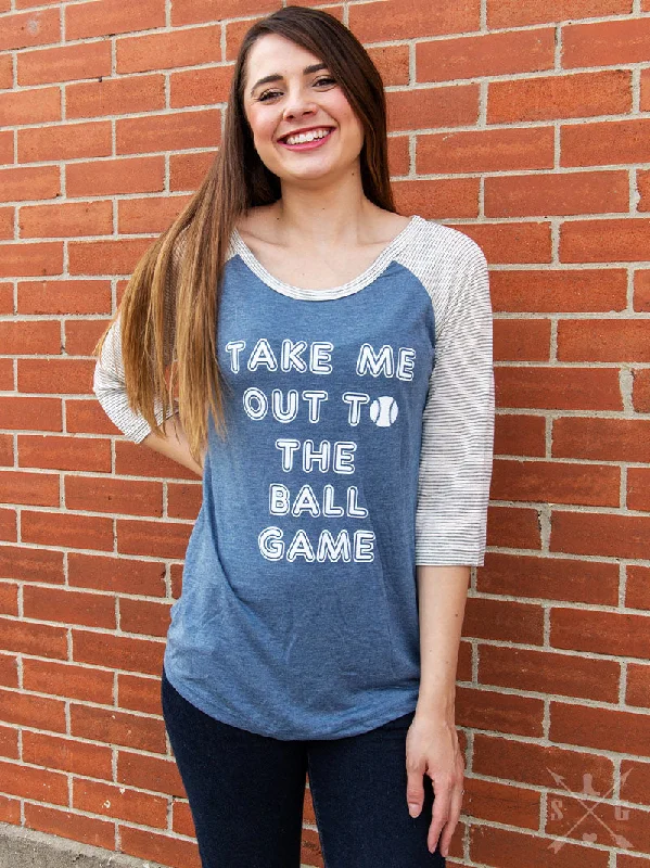 Weekend Specials to Savor Take Me Out to the Ball Game on Faded Blue & Grey Striped Raglan Weekend Specials to Savor Take Me Out to the Ball Game on Faded Blue & Grey Striped Raglan