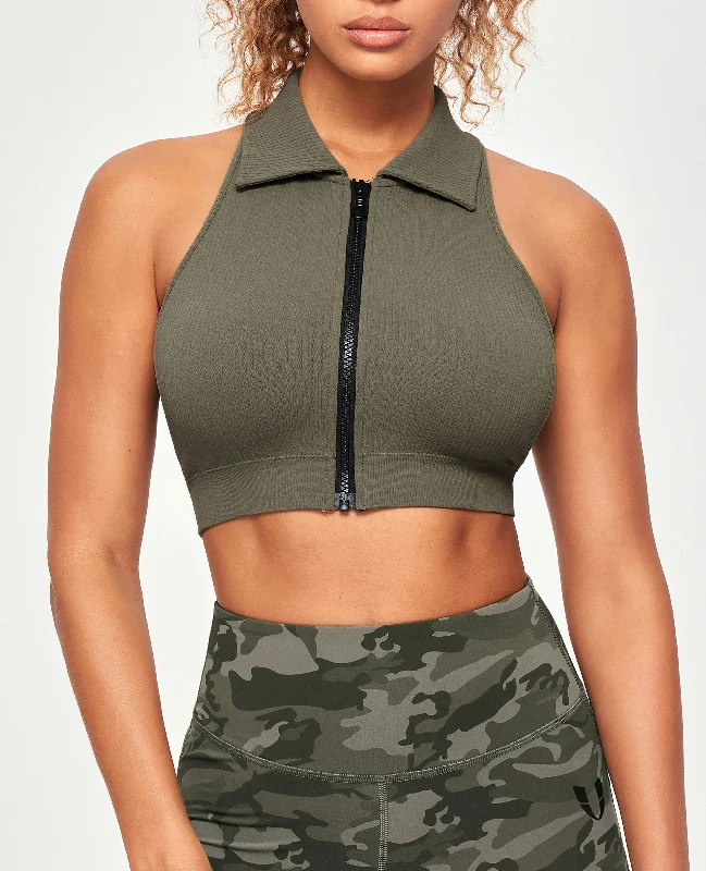 Weekend Discounts to Celebrate Ribbed Full Zip Padded Tank Top - Olive Green