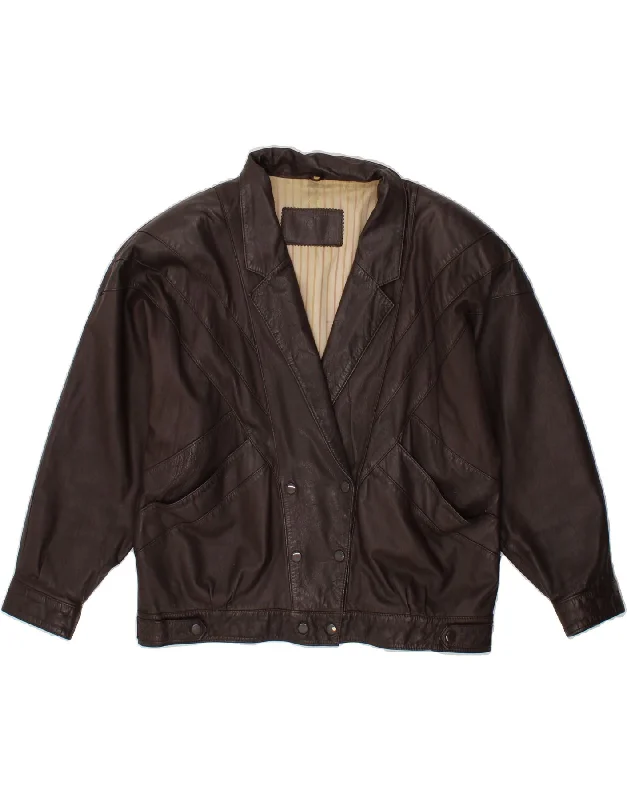 Discount Mania VINTAGE Womens Double Breasted Leather Jacket UK 16 Large Brown Leather