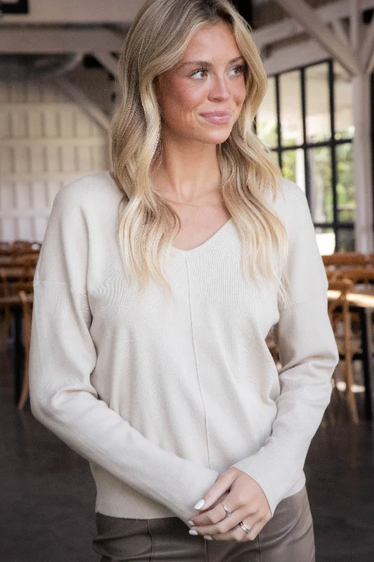 Closeout Kiersten V-Neck Seam Detail Sweater, Oatmeal