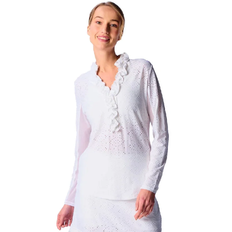 Stock Clearance G Lifestyle Long Sleeve Print Double Ruffle Top - White Eyelet