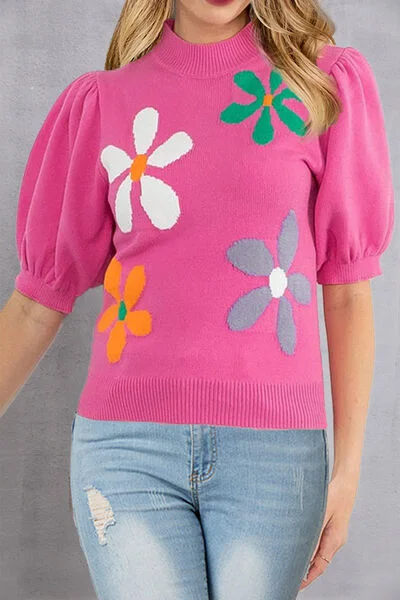 Super Sale Flower Mock Neck Short Sleeve Sweater