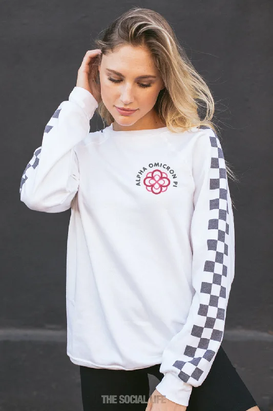 Shop the Weekend Away Alpha Omicron Pi Checkered Raglan Crewneck