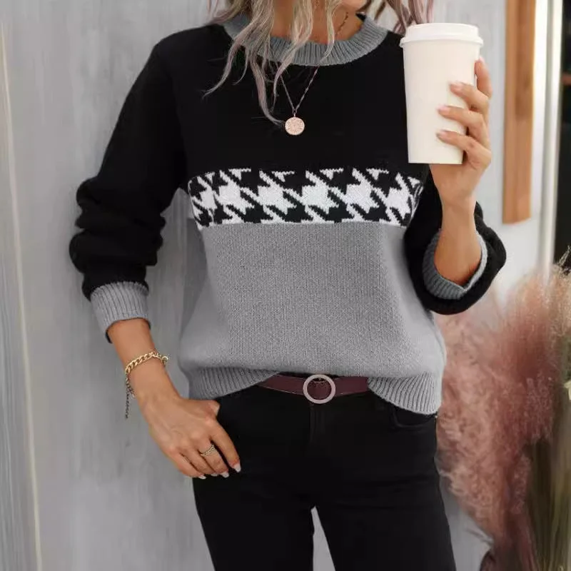 Weekend Offers That Dazzle Contrast Color Pullover Round Neck Knitted Sweater