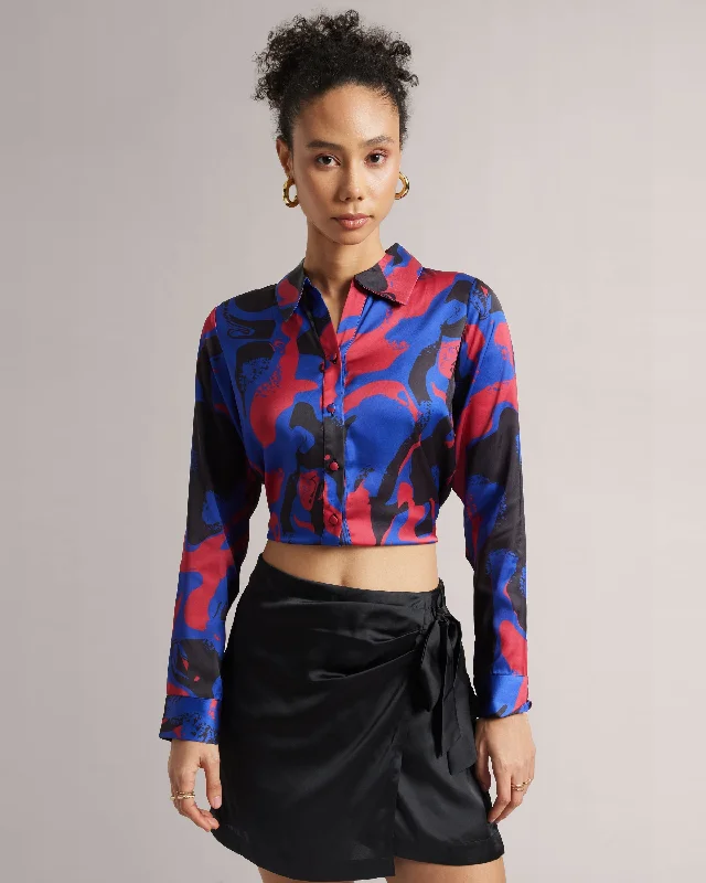 Year-End Sale Royal Blue Button Down Crop Print Shirt