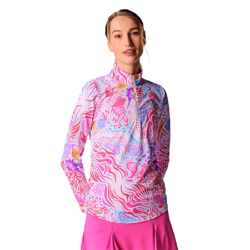 Act Fast G Lifestyle Long Sleeve Print Zip Mock Neck Top - Pink Sea Wave