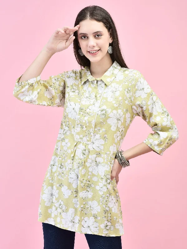 Weekend Deals That Spark Women Liva (Rayon) Green Floral Print Tunic