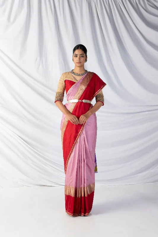 Daily Specials Bubblegum Pink and Crimson Red Anchu Saree and Blouse