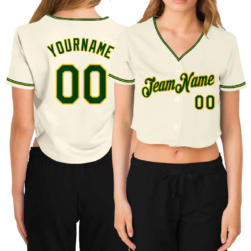 Exclusive Online Offer Custom Women's Cream Green-Gold V-Neck Cropped Baseball Jersey