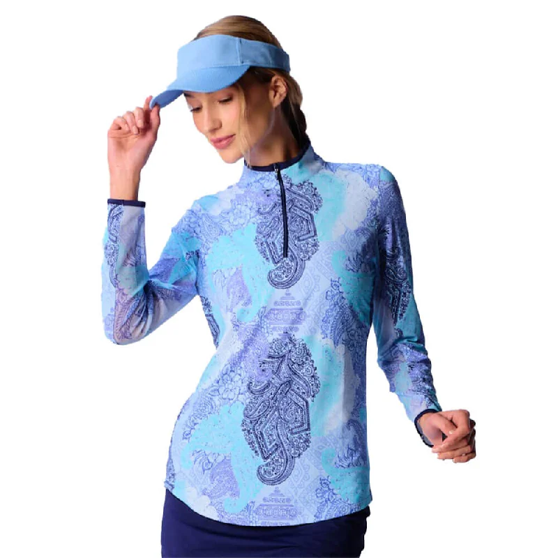 Must-Have Deals G Lifestyle Long Sleeve Collar Block Zip Mock Neck Top - Blue Paisley/True Navy