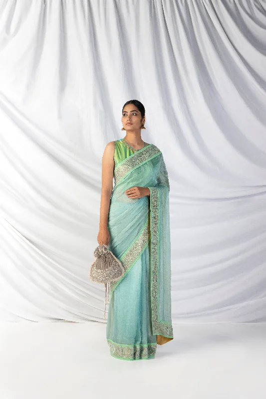 Bargain Bin Sampige Saree And Blouse Set In Middle Blue And Mint Green