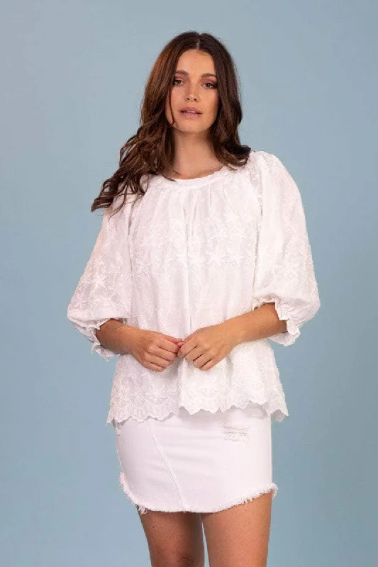 Massive Deals Feather Embroidered Top White
