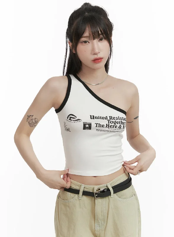 Weekend Deals That Dazzle Contrasting Graphic Lettering One Shoulder Top CY407