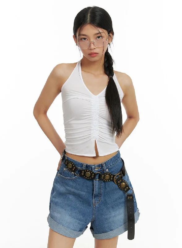 Unmissable Offer Halter Shirred Crop Sleeveless Top CA423