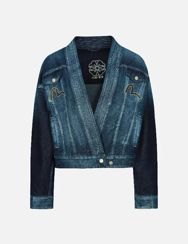 Special Discount Brocade-pattern Seagull and Kamon Appliqué Denim Kimono Jacket