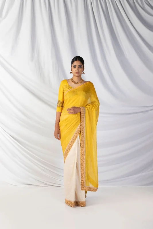 Overstock Sale Siri Saree And Blouse Set In Pineapple Yellow, Pearle White