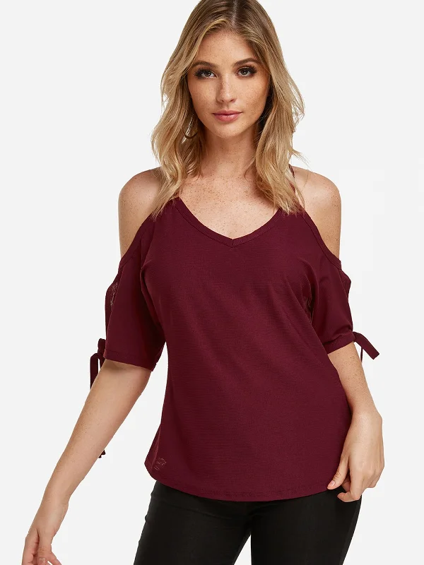 Wholesale Cold Shoulder Tie-Up Short Sleeve Burgundy T-Shirts