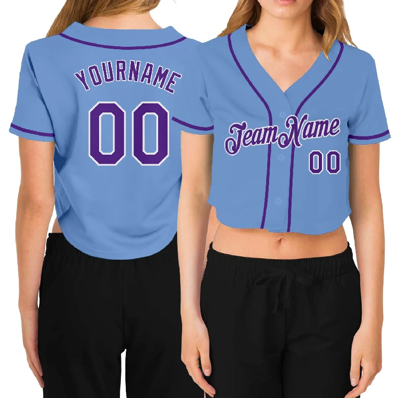 Deep Discounts Custom Women's Light Blue Purple-White V-Neck Cropped Baseball Jersey