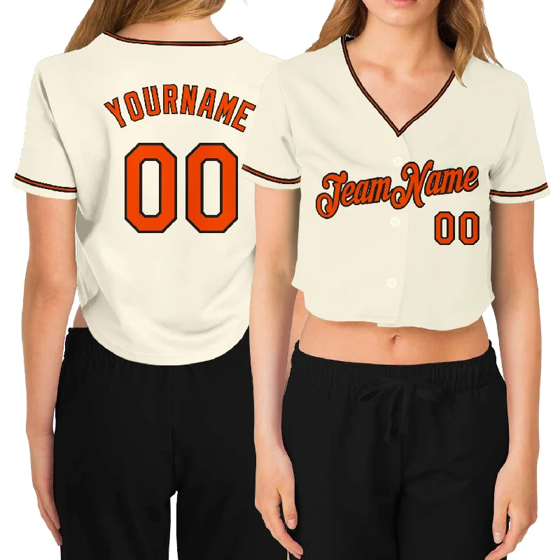 Doorbuster Deal Custom Women's Cream Orange-Black V-Neck Cropped Baseball Jersey