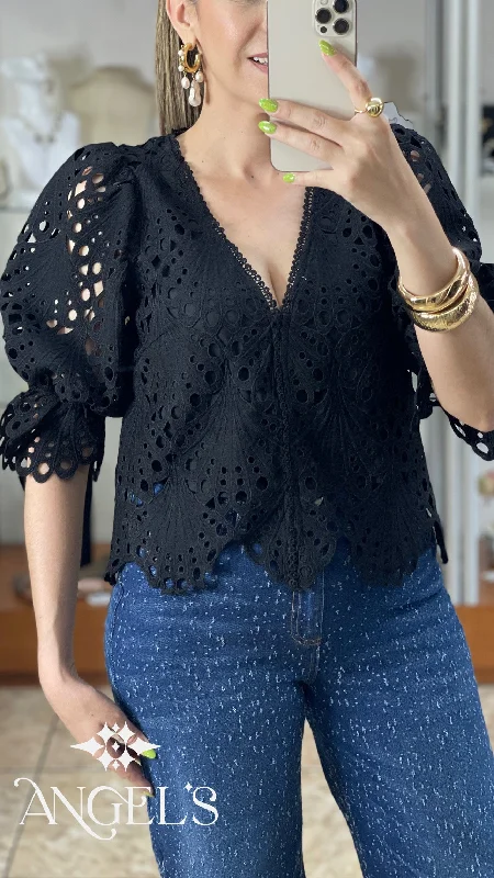Weekend Savings Bonanza Puffy Sleeves Eyelet Top