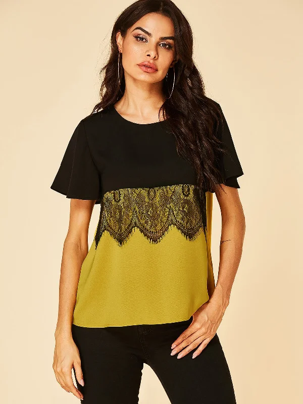 Big Savings Wholesale Round Neck Lace Short Sleeve Fashion Tee