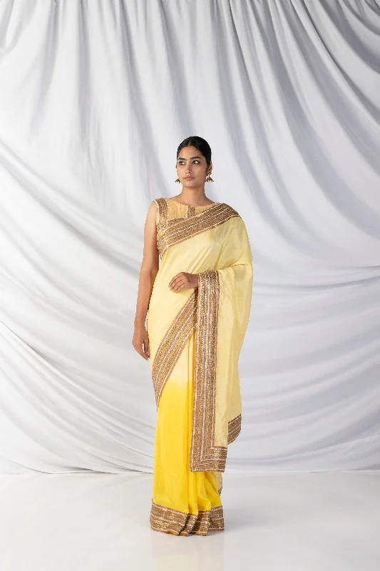 Online Only Sampige Saree And Blouse Set In Light Yellow And Canary Yellow
