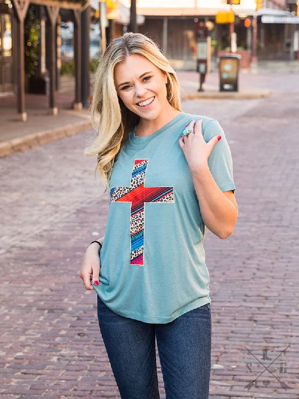 Weekend Discounts to Celebrate Serape & Leopard Cross Patch on Sky Blue Crewneck Tee Weekend Discounts to Celebrate Serape & Leopard Cross Patch on Sky Blue Crewneck Tee